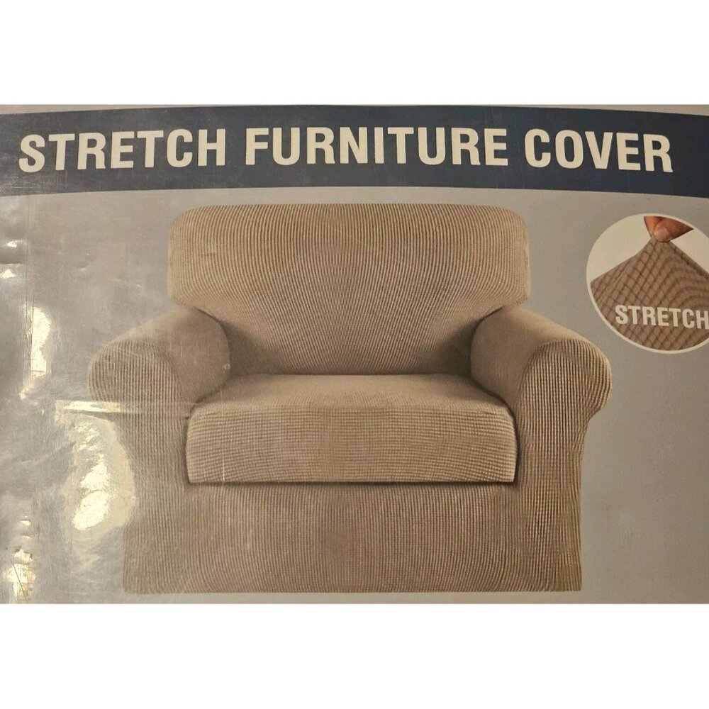 Turquoize 2 Piece Stretch Furniture Cover  For Armchair Island Fossil Tan New - Picture 2 of 4